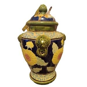 11" Vintage Sgraffito Pottery Lidded Urn With Lion Dragon Heads Sunflowers